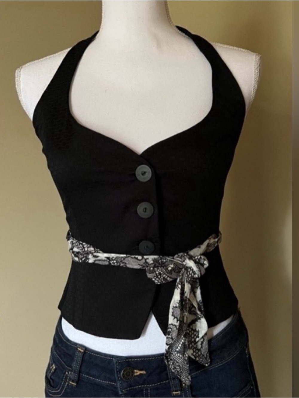 Stradivarius Sexy Black Halter Vest With Floral Print Belt from Spain